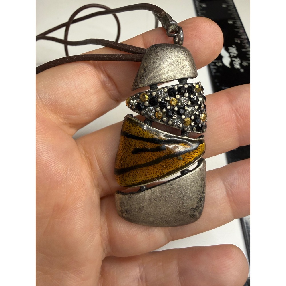 Chicos Mixed Media Statement Pendant Necklace Rhinestone Tiger Stripe Cord